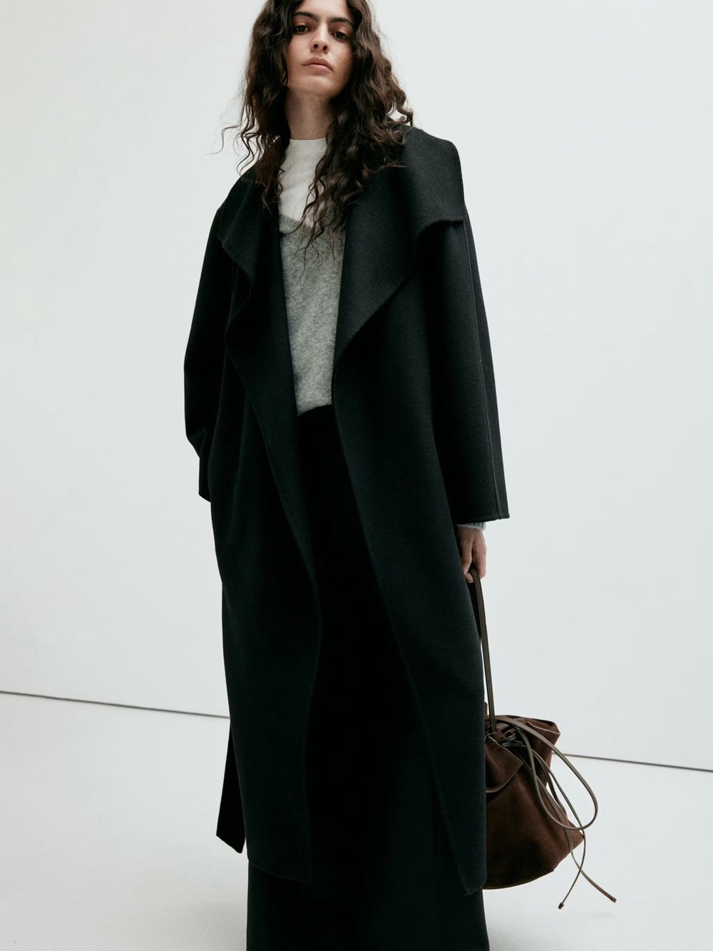 Mango Black Wool Coat with Handmade Belt *FLAW